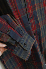 Aero Dark Red Navy and Green Plaid Button Down Shirt | L