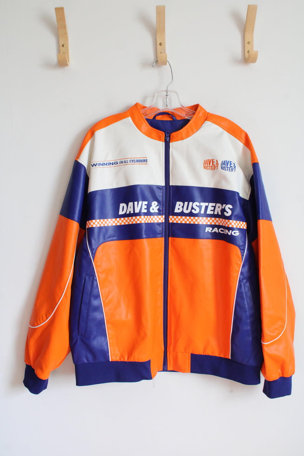 Dave & Buster's Racing Orange Blue & White PU Leather Jacket | L