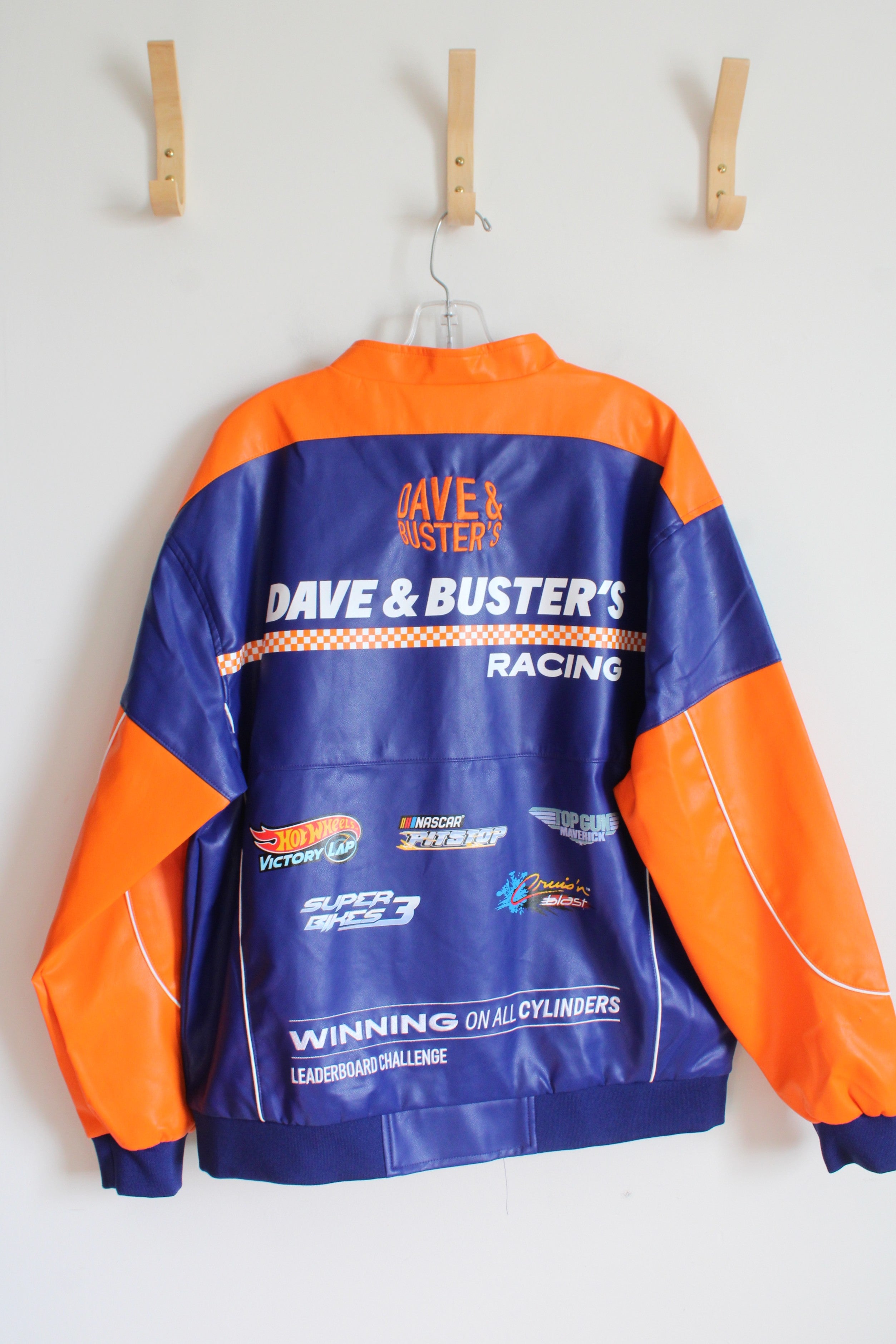 Dave & Buster's Racing Orange Blue & White PU Leather Jacket | L
