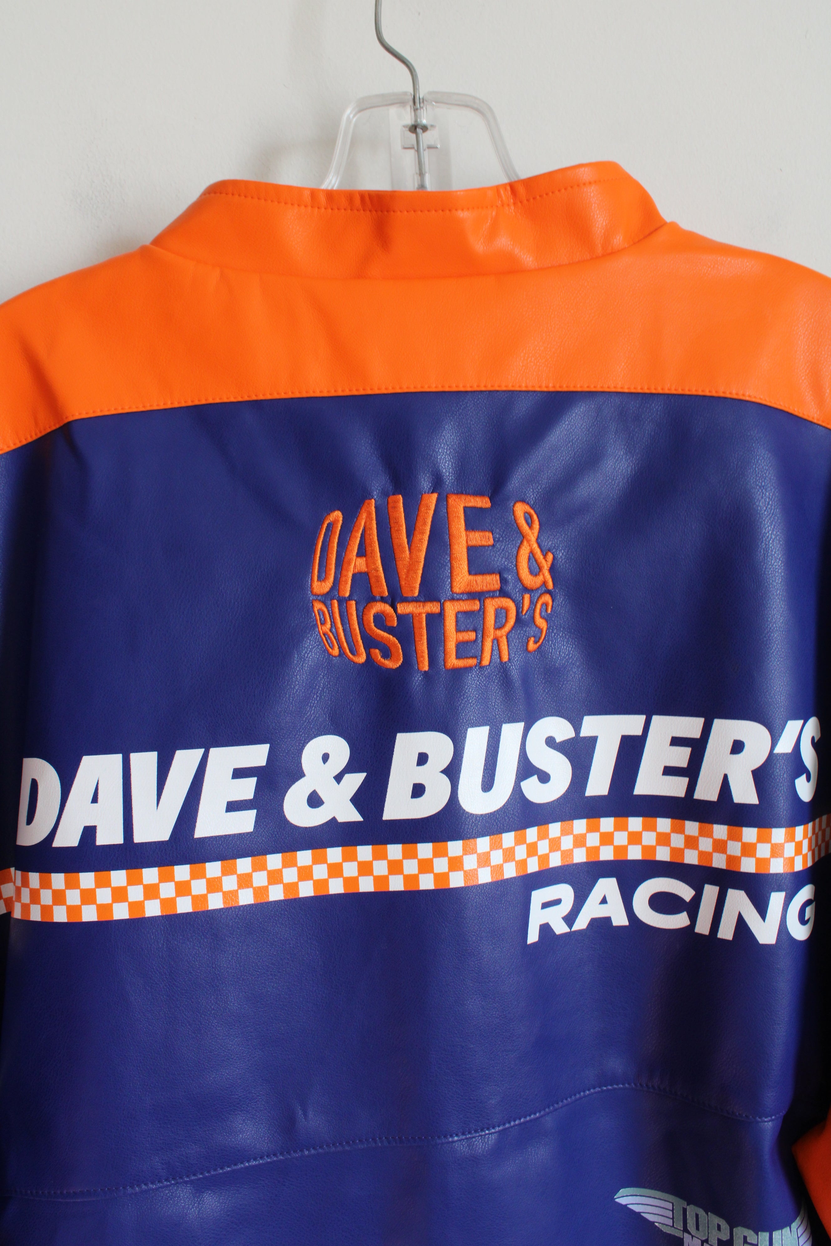 Dave & Buster's Racing Orange Blue & White PU Leather Jacket | L