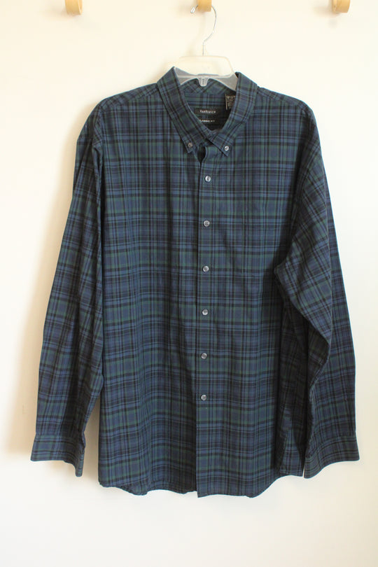 Van Heusen Dark Green and Blue Plaid Button down Shirt | XXL