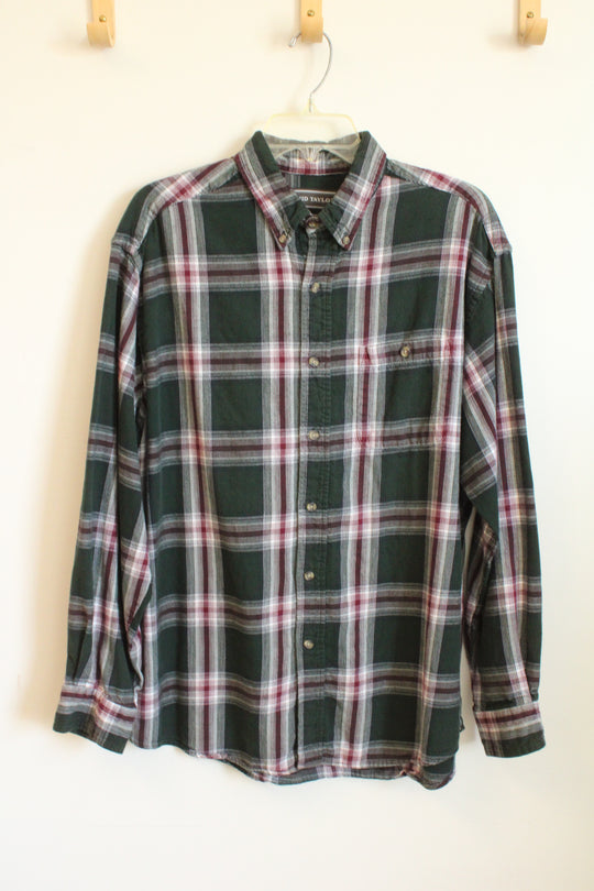 David Taylor Cotton Greene and Maroon Plaid Button Down Flannel | L