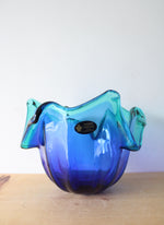 Vintage Murano White Crystal Blue & Teal Glass Bowl