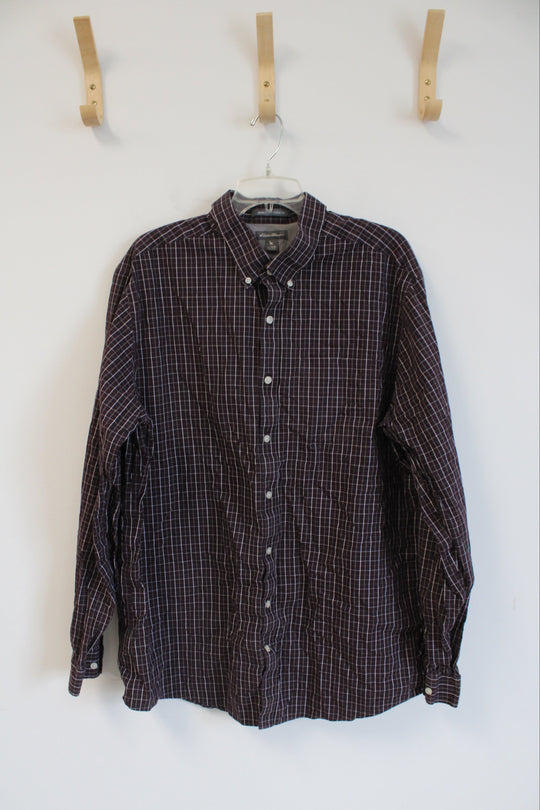 Eddie Bauer Maroon and White Plaid Long Sleeve Button Down Shirt | 2XL