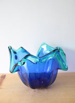 Vintage Murano White Crystal Blue & Teal Glass Bowl
