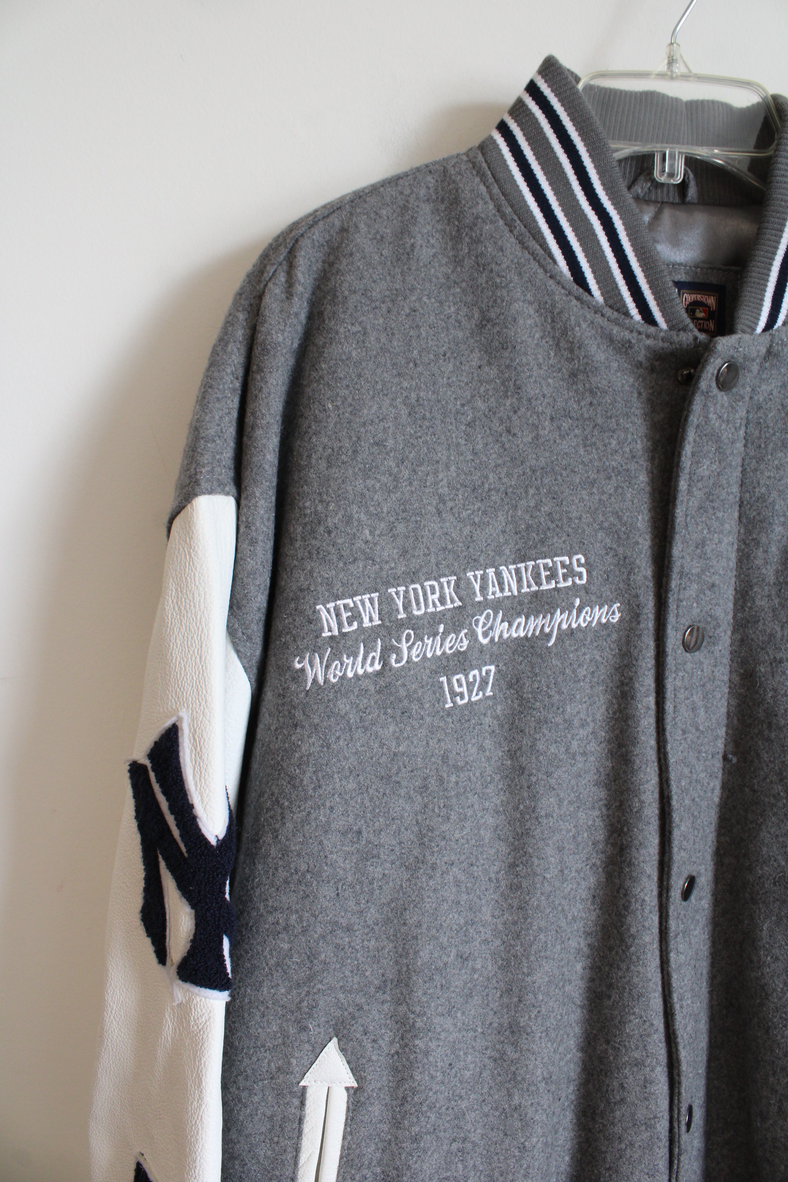 NEW Cooperstown Collection G-III Sports New York Yankees World Series Champion 1927 Gray & White Leather & Wool Varsity Jacket | XL
