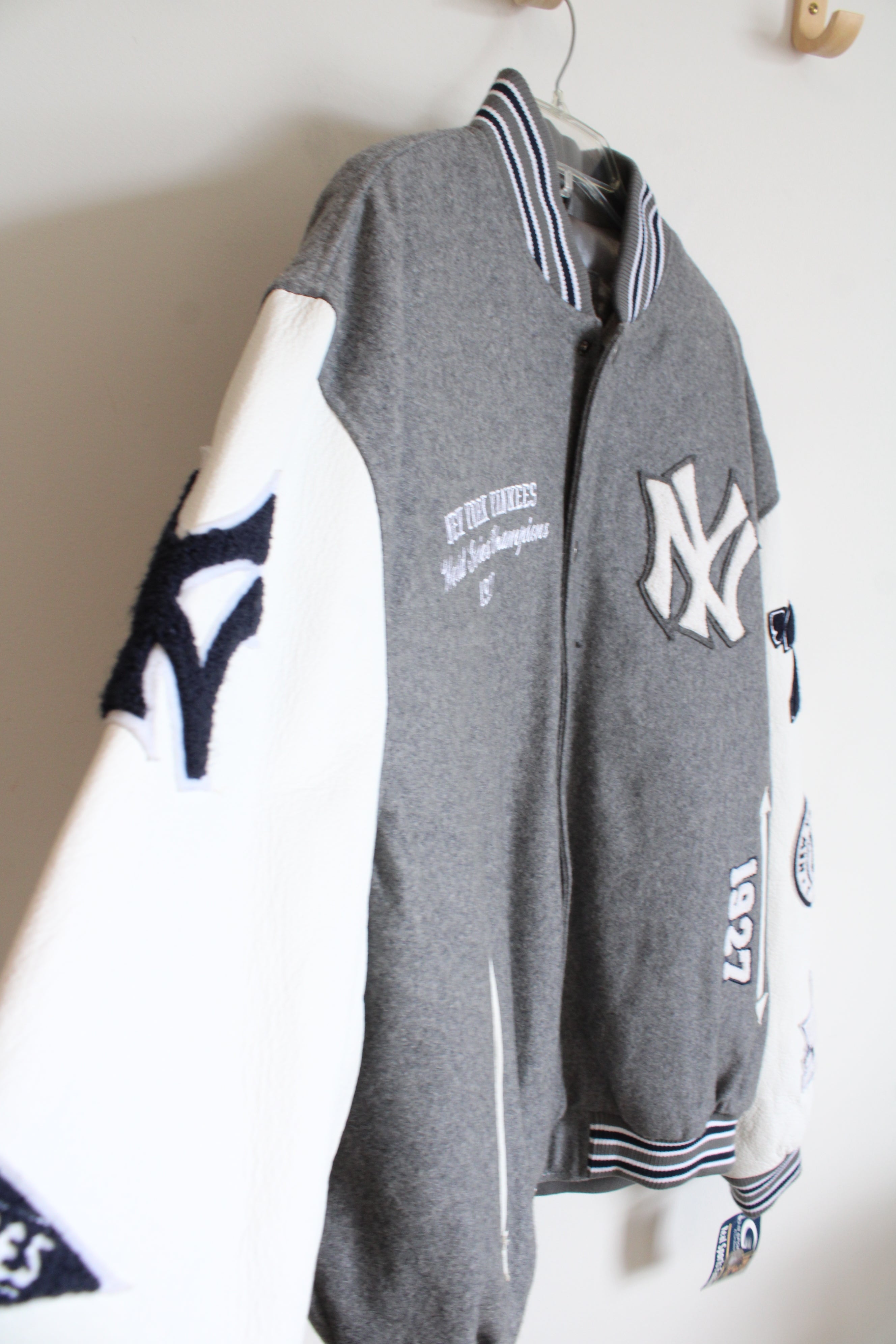 NEW Cooperstown Collection G-III Sports New York Yankees World Series Champion 1927 Gray & White Leather & Wool Varsity Jacket | XL