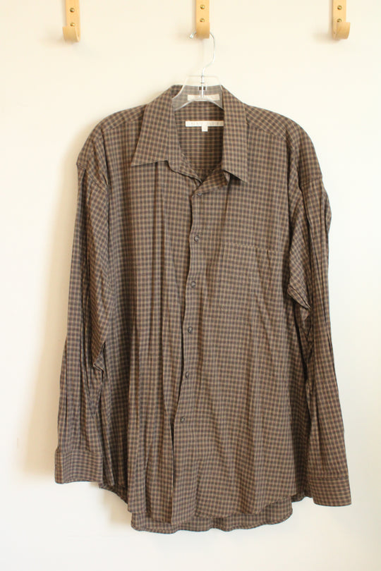 Perry Ellis Brown Yellow and Maroon Plaid Button Down Shirt | L