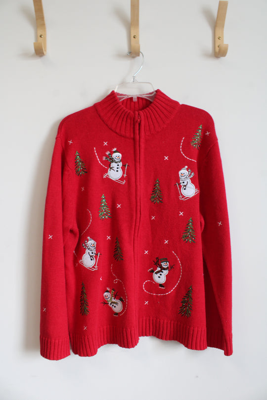 Crystal Kobe Red Skiing Snowmen & Christmas Tree Full Zip Sweater | XL