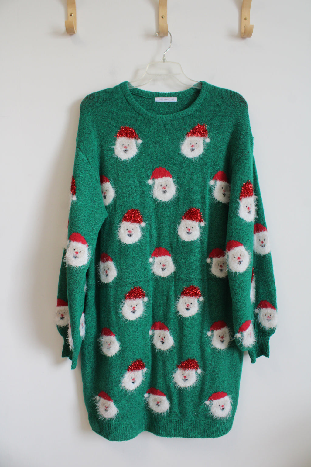 Miss Sparkling Green Fuzzy Tinsel Santa Patterned Sweater Dress