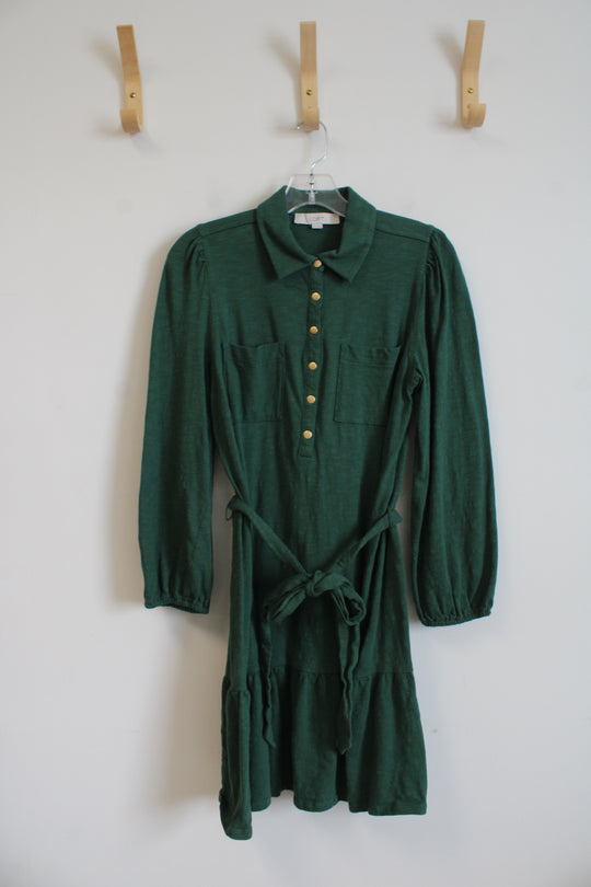 LOFT Green 1/4 Buttoned Long Sleeved Cotton Dress | M