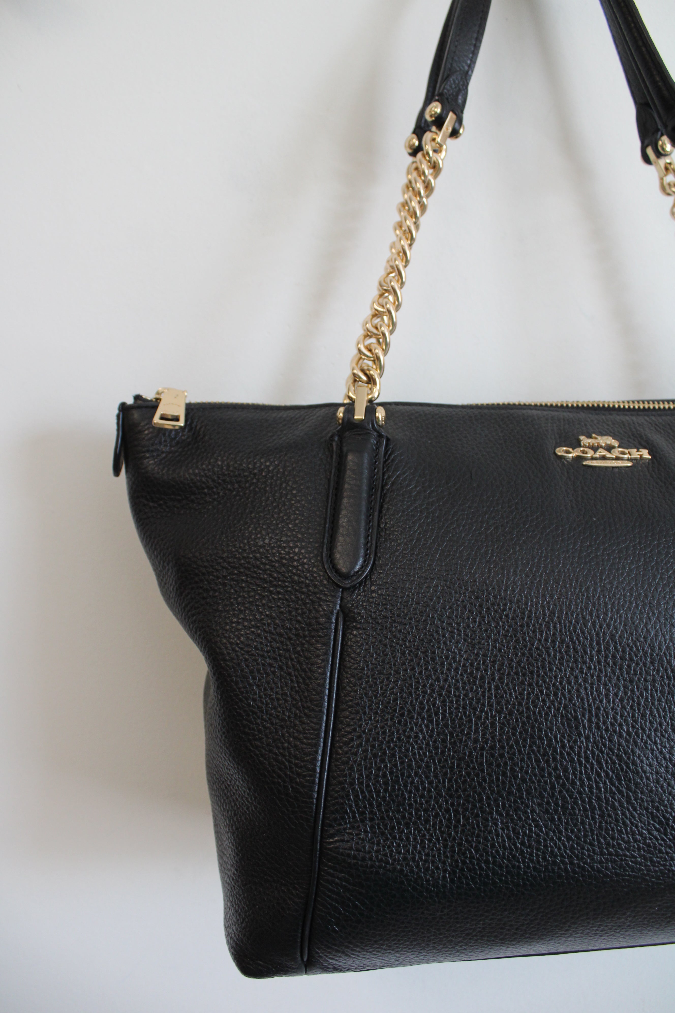 Coach Black Leather Ava Gold Chain Tote Bag