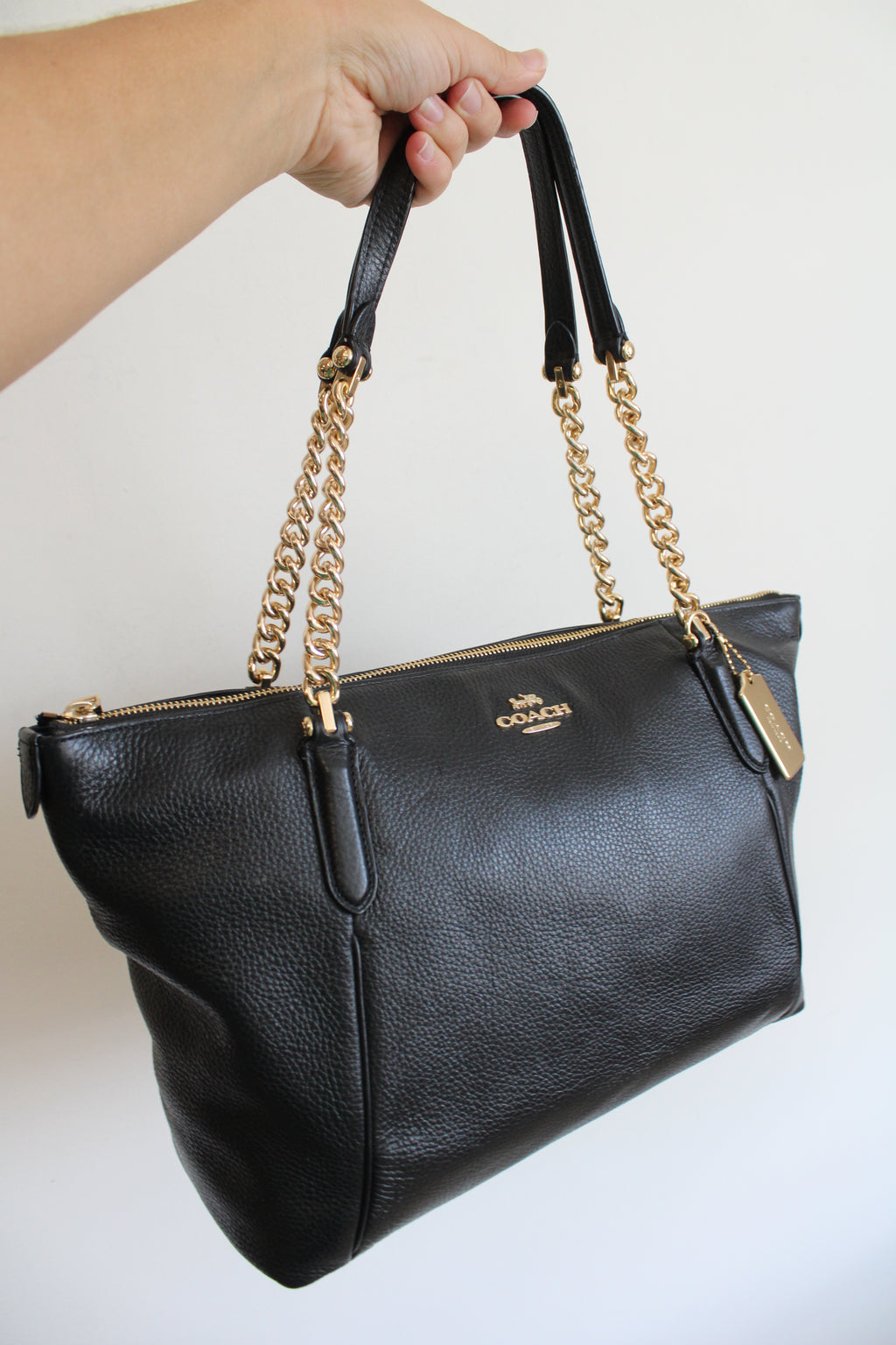 Coach Black Leather Ava Gold Chain Tote Bag
