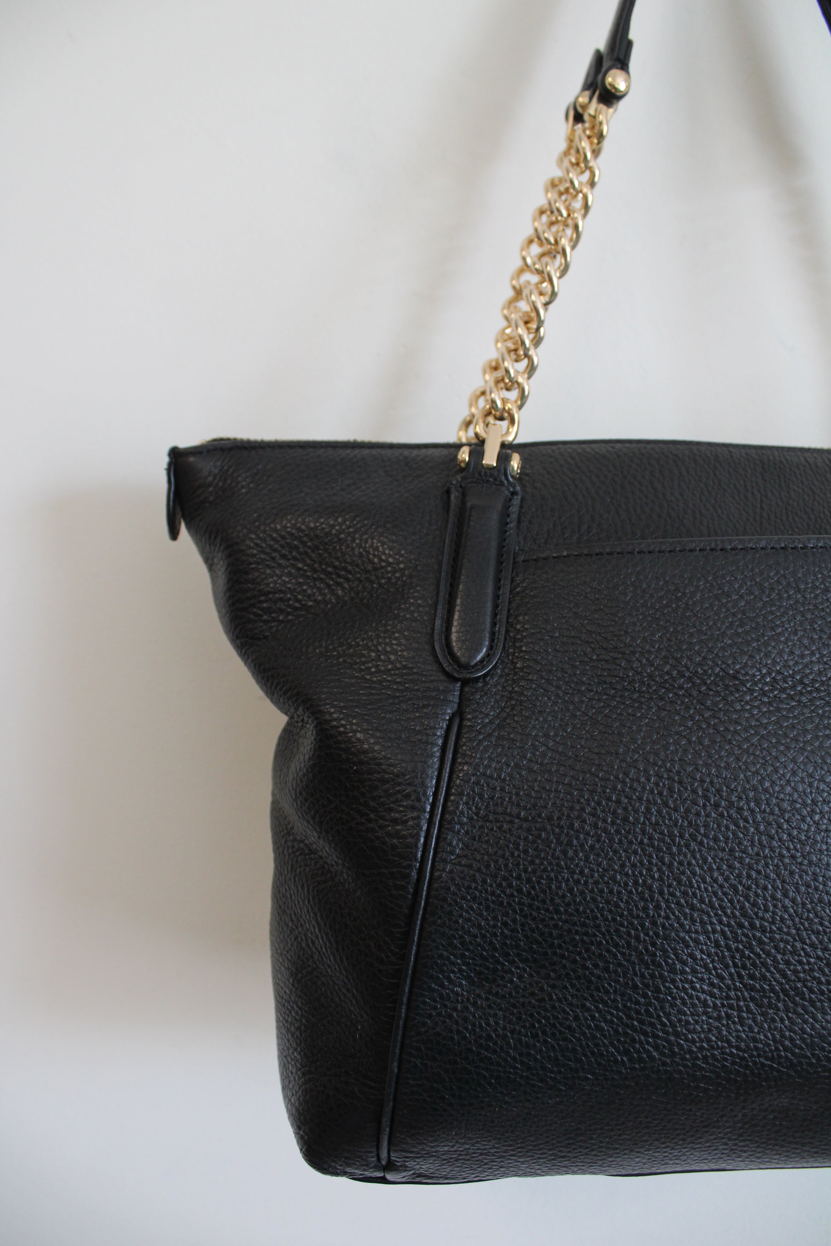 Coach Black Leather Ava Gold Chain Tote Bag