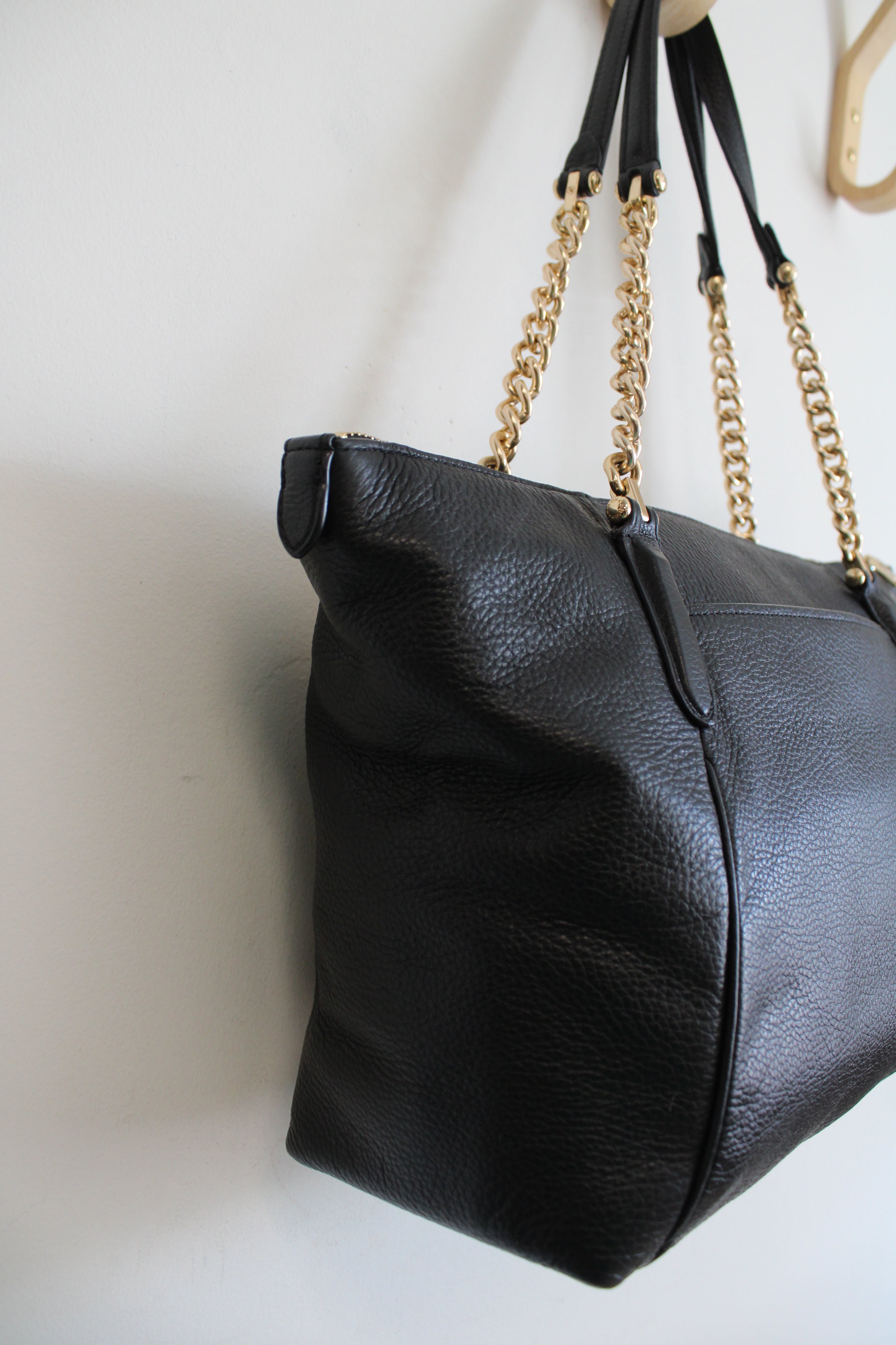 Coach Black Leather Ava Gold Chain Tote Bag