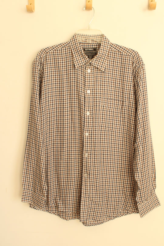 National Outfitters Cotton White Brown and Gray Plaid Button Down Flannel | XL