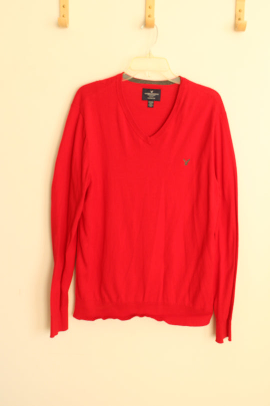 American Eagle Red Cotton V-neck LS Sweater | L