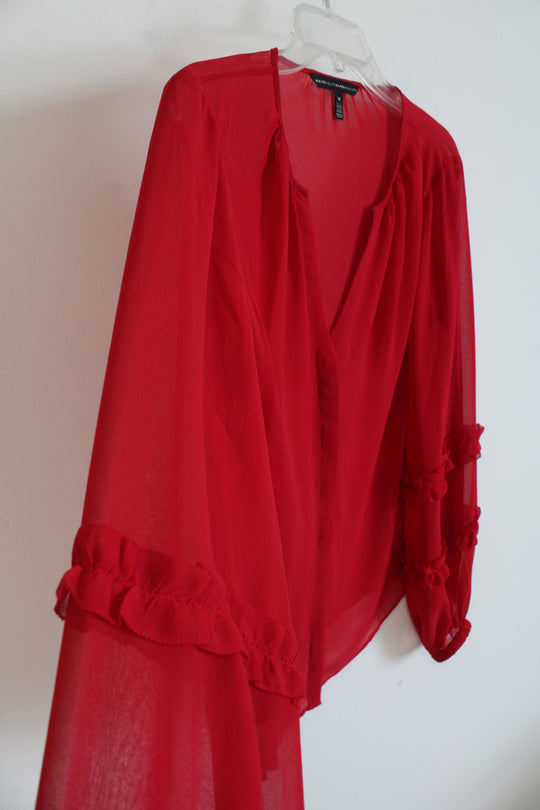 White House Black Market Ruffled Sleeve Red Sheer Button Down Blouse | M
