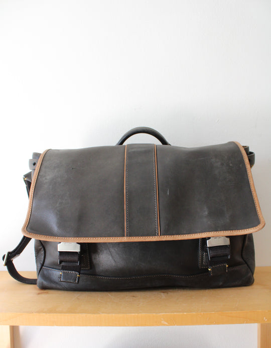 Coach Vintage Black Brown Trim Leather Messenger Bag