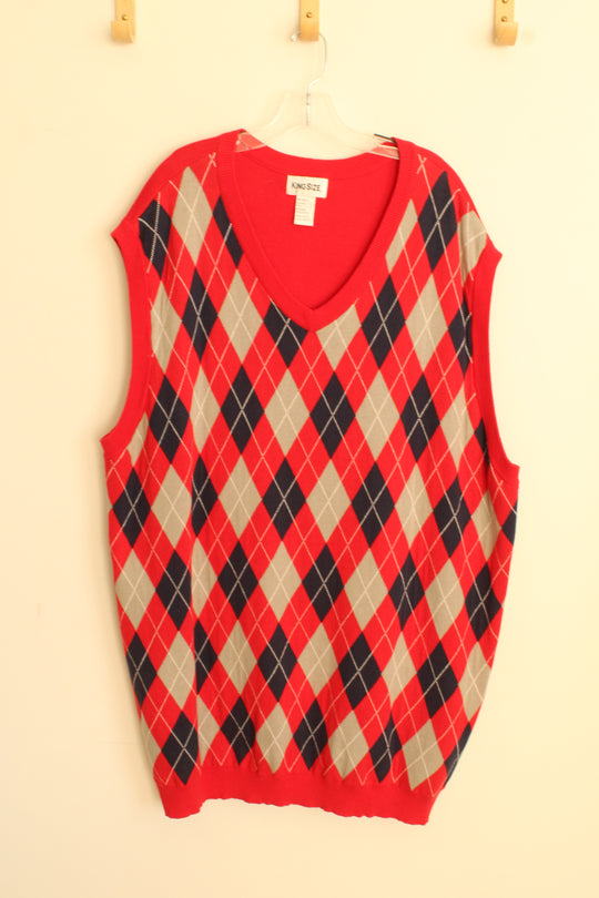 King Size Red Navy and Gray Cotton Argyle Style Sweater Vest | 4XL