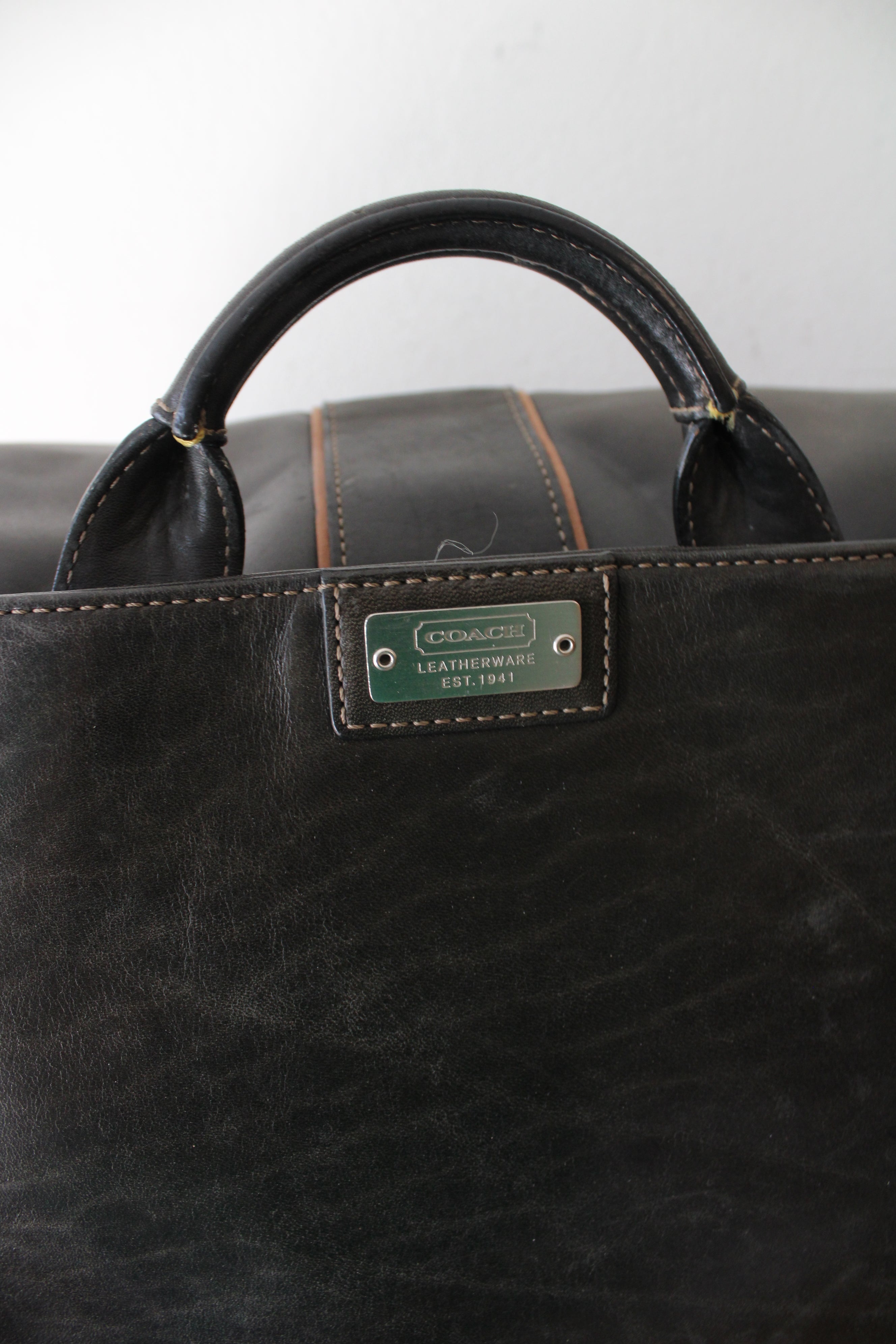 Coach Vintage Black Brown Trim Leather Messenger Bag