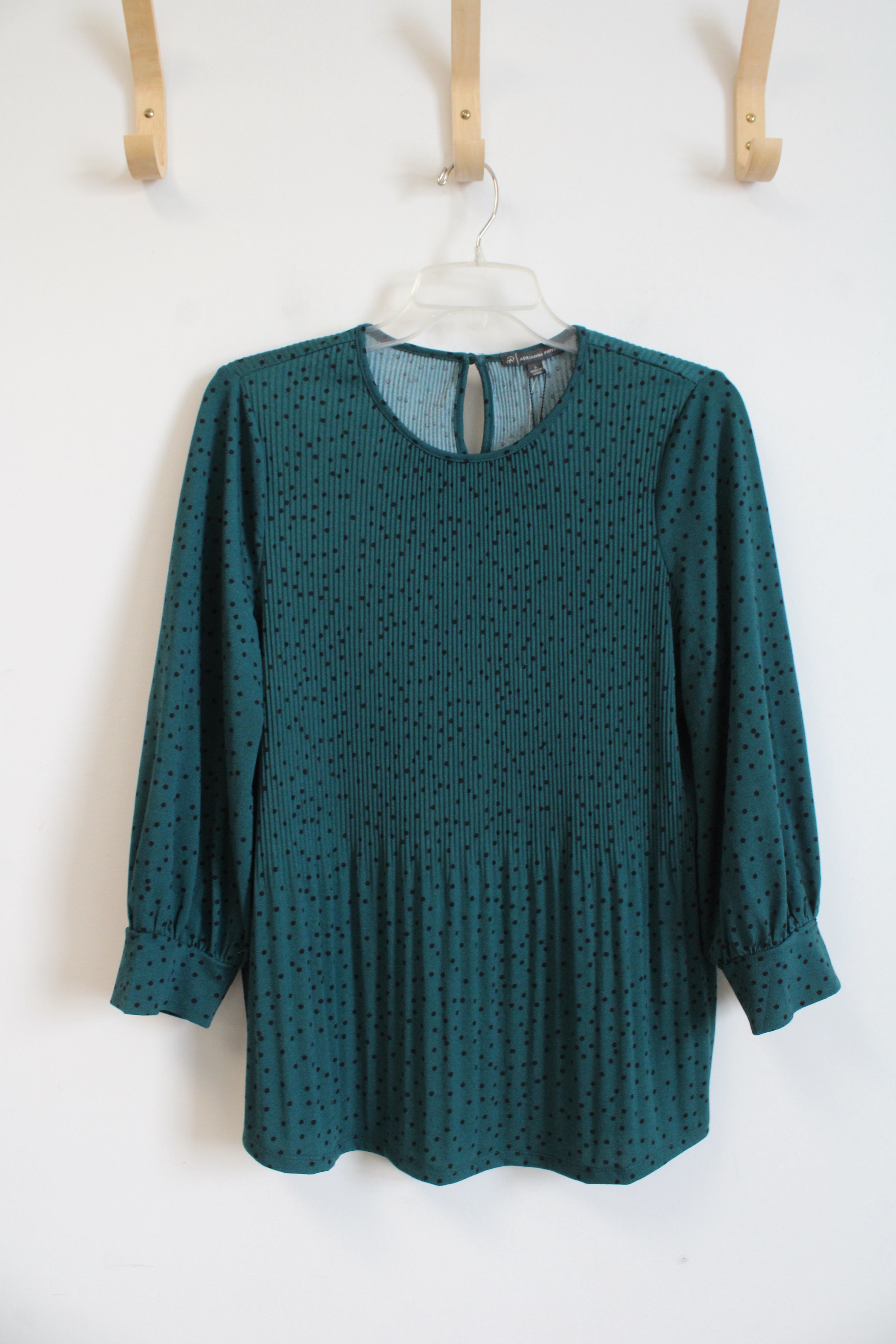 NEW Adrianna Papell Green & Black Dotted Pleated Long Sleeved Top | L