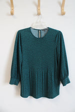 NEW Adrianna Papell Green & Black Dotted Pleated Long Sleeved Top | L