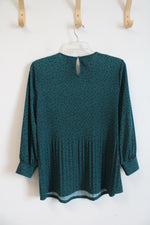 NEW Adrianna Papell Green & Black Dotted Pleated Long Sleeved Top | L