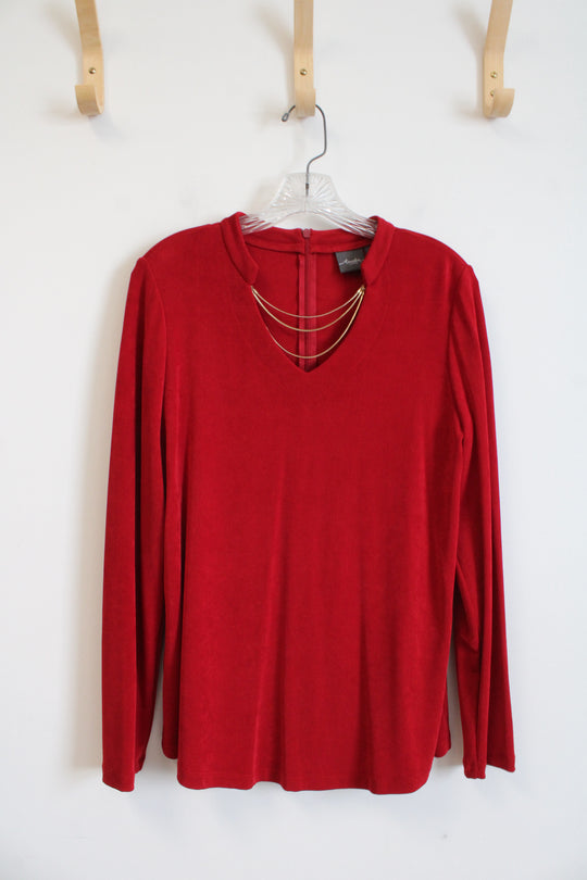 Chico's Travelers Gold Chain Neckline Red Long Sleeved Top | 1 (M)