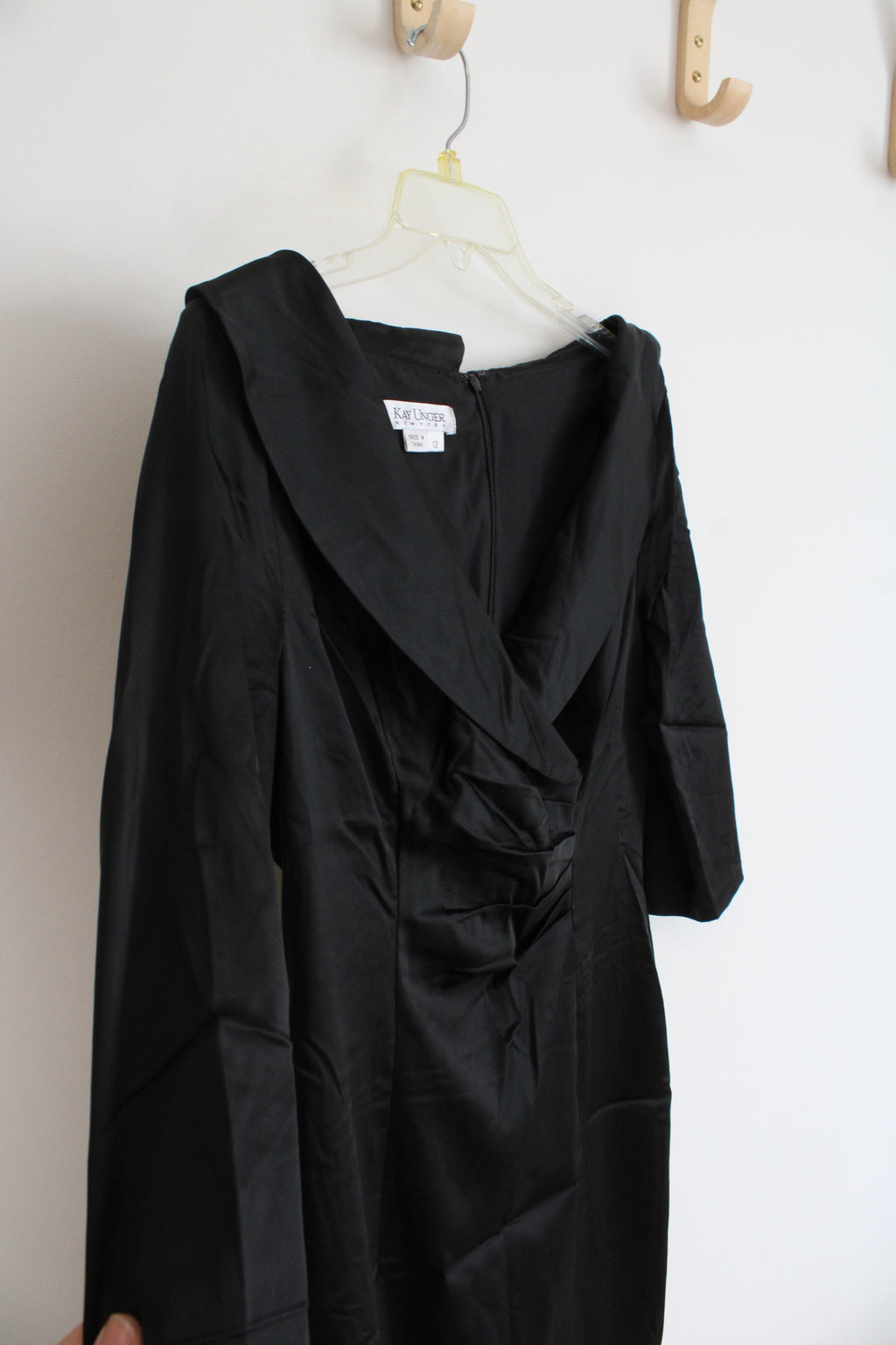 Kay Unger Black Satin Shawl Neckline Sheath Dress | 12