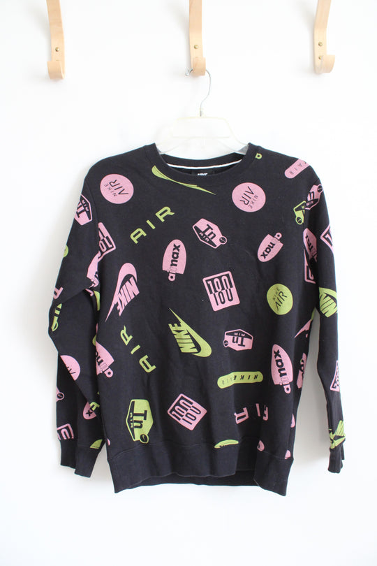 Nike Air Pink & Green Logo Black Pullover Sweatshirt | XS