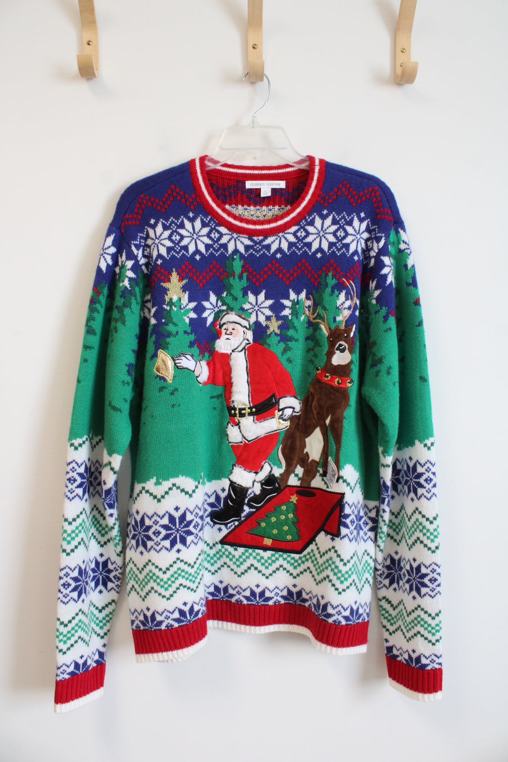 Celebrate Together Santa & Reindeer Corn Hole Christmas Sweater | XL