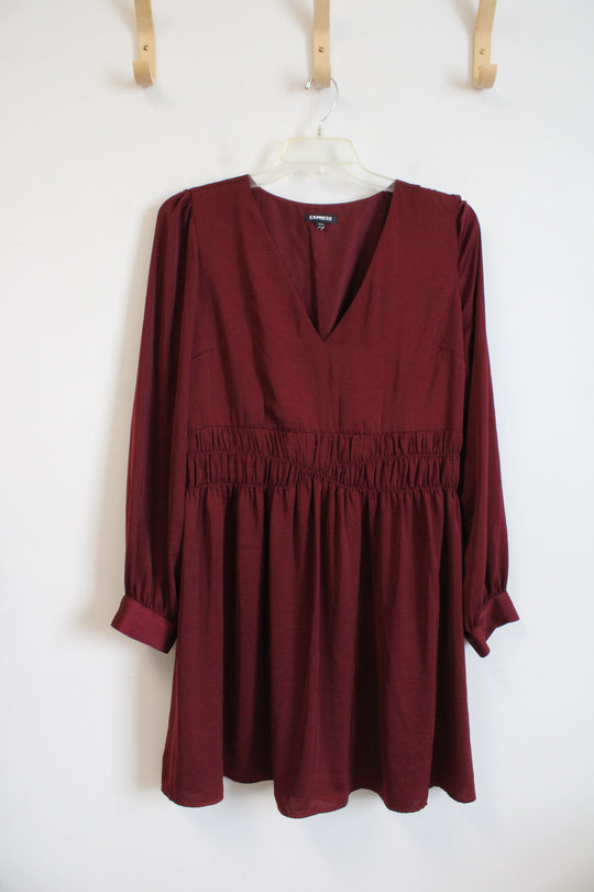 Express Maroon Ruched Long Sleeved Dress | 2XL