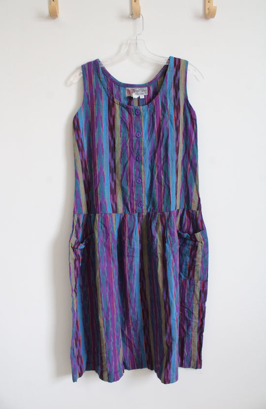 Popol Vuh Vintage Purple Blue & Green Striped Cotton Dress | S