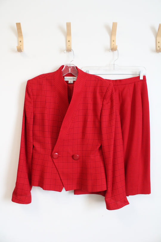 Christian Dior Vintage Red Wool Houndstooth Blazer & Skirt Set | 8