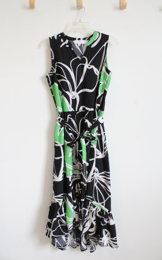 Susan Graver Black Green & White Floral Tiered Dress | S