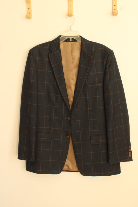Haggar Navy Blue and Tan Plaid Suit Jacket | 40L