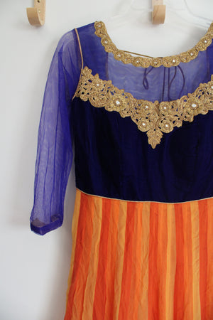 Cobalt Blue Orange & Gold Beaded Long Sleeved Dress