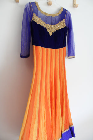 Cobalt Blue Orange & Gold Beaded Long Sleeved Dress