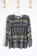 J.Jill Brown Black Blue Green Patterned Long Sleeved Blouse | L