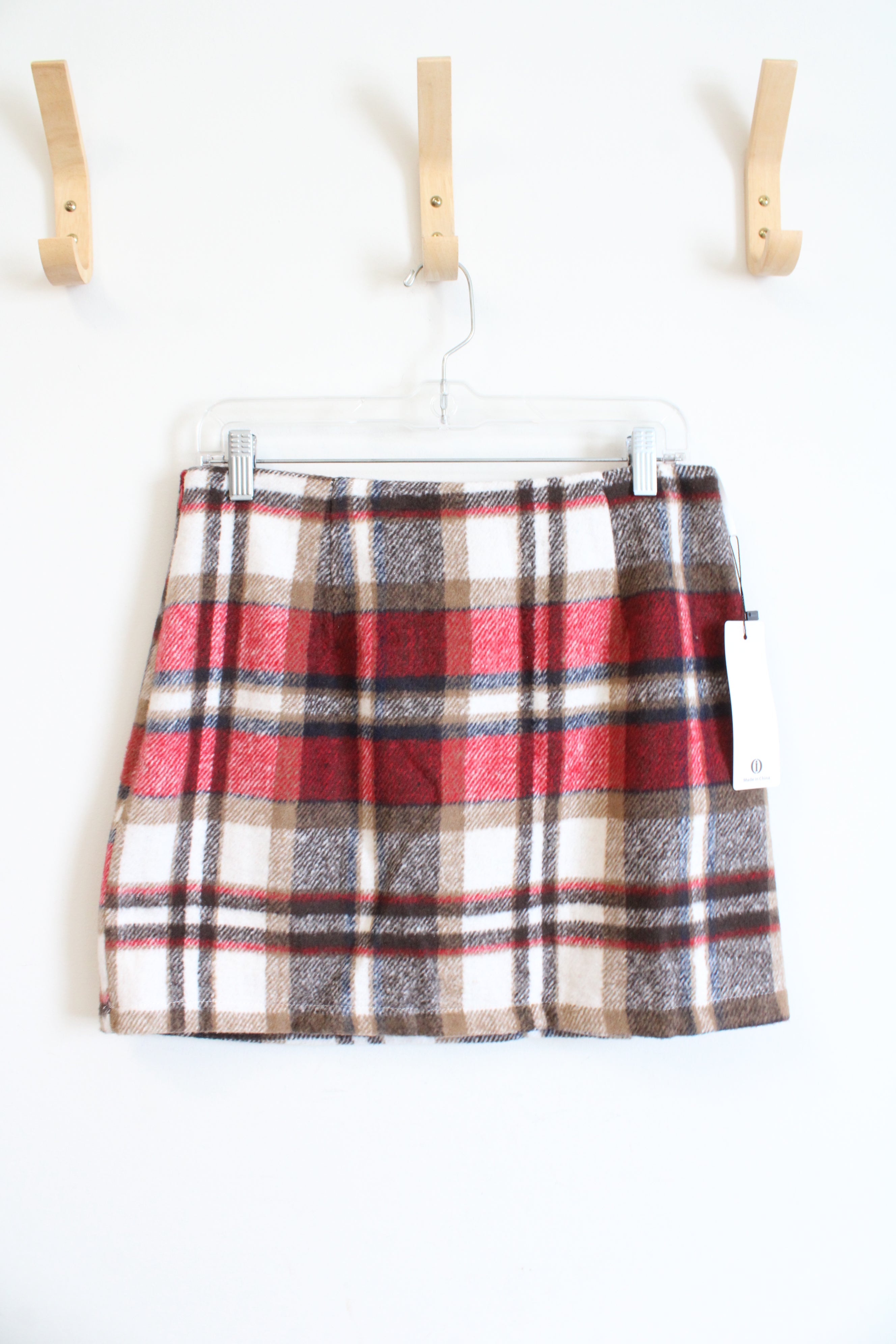 NEW (i) Brown Red Blue & White Plaid Fuzzy Mini Skirt | M