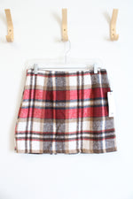 NEW (i) Brown Red Blue & White Plaid Fuzzy Mini Skirt | M