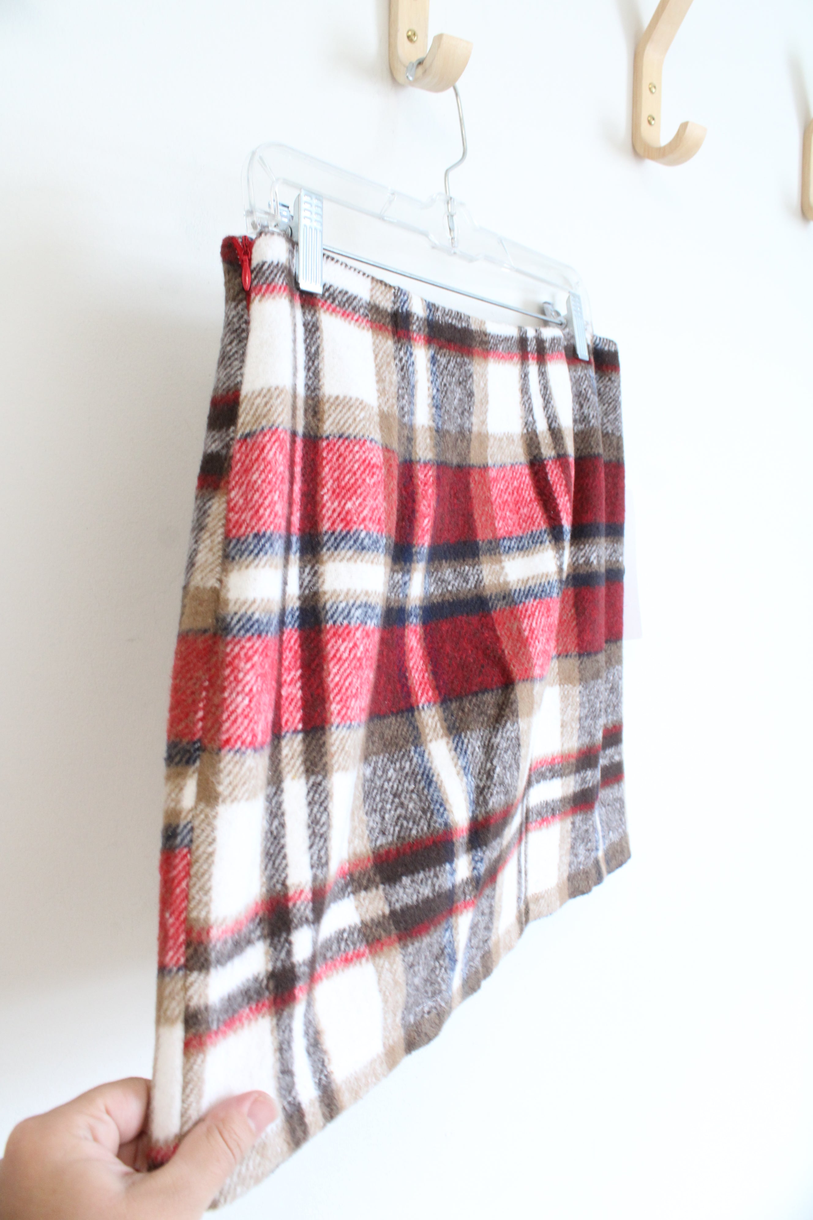 NEW (i) Brown Red Blue & White Plaid Fuzzy Mini Skirt | M