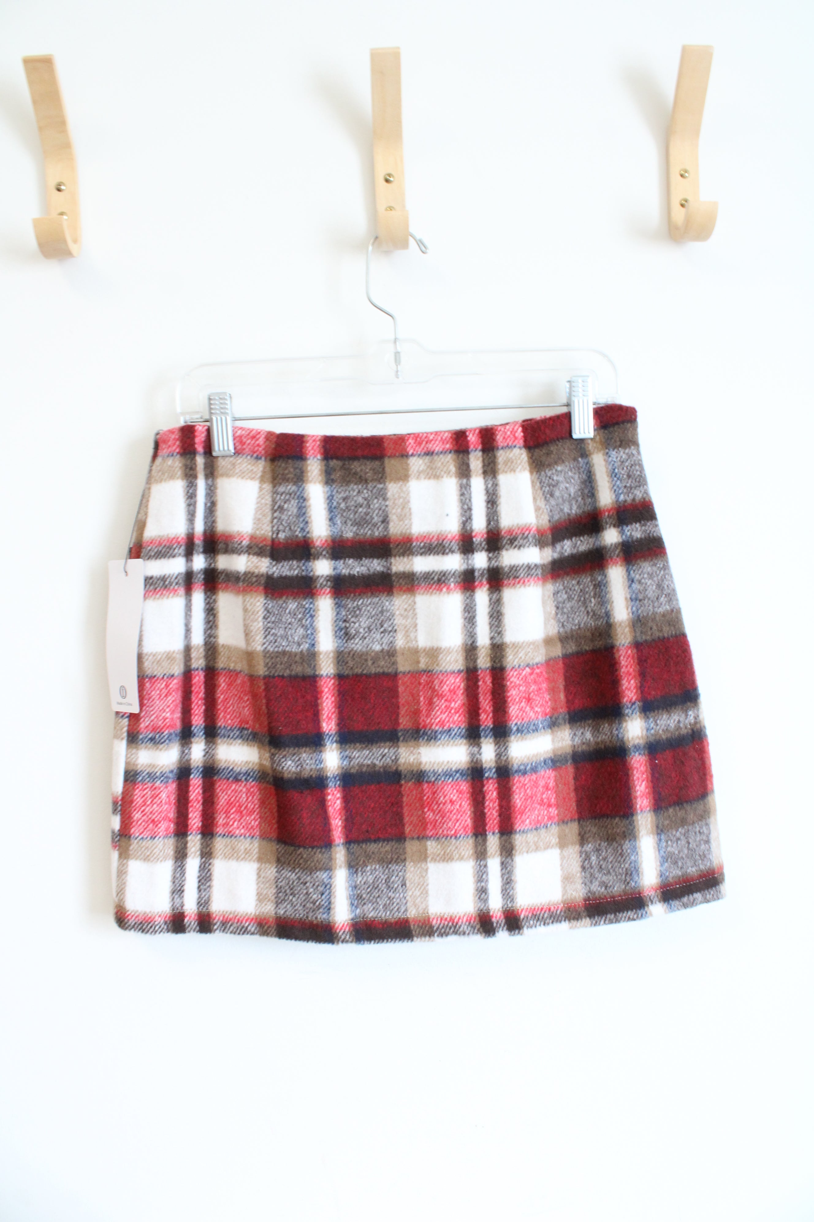 NEW (i) Brown Red Blue & White Plaid Fuzzy Mini Skirt | M