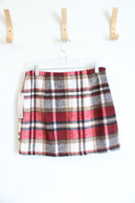 NEW (i) Brown Red Blue & White Plaid Fuzzy Mini Skirt | M