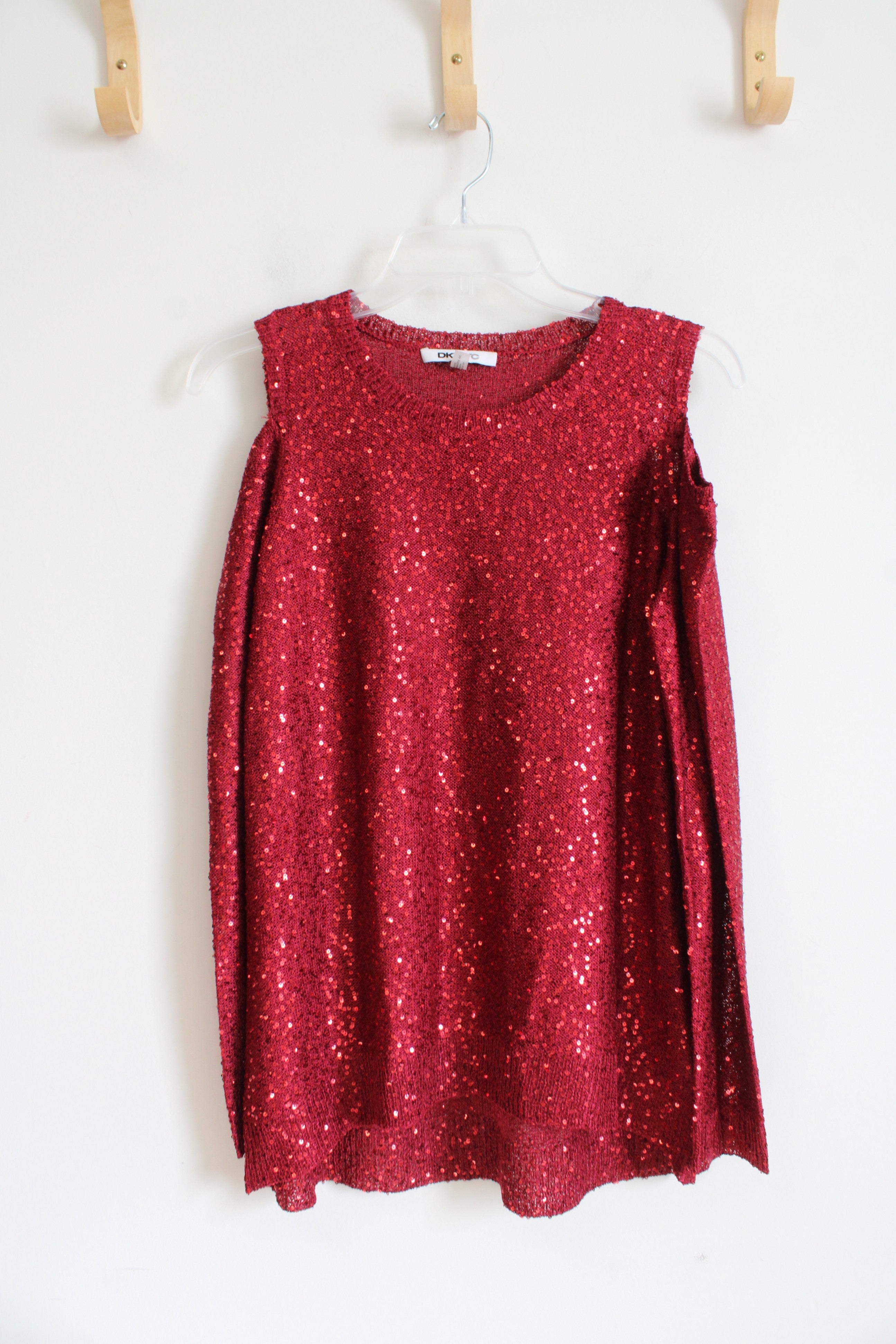 DKNYC Red Sequined Cold Shoulder Long Sleeved Top | M