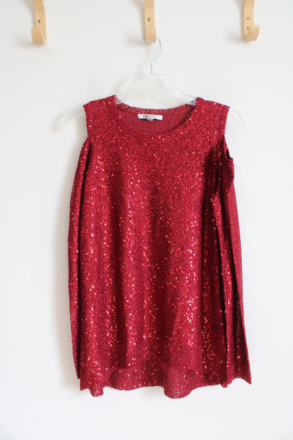 DKNYC Red Sequined Cold Shoulder Long Sleeved Top | M