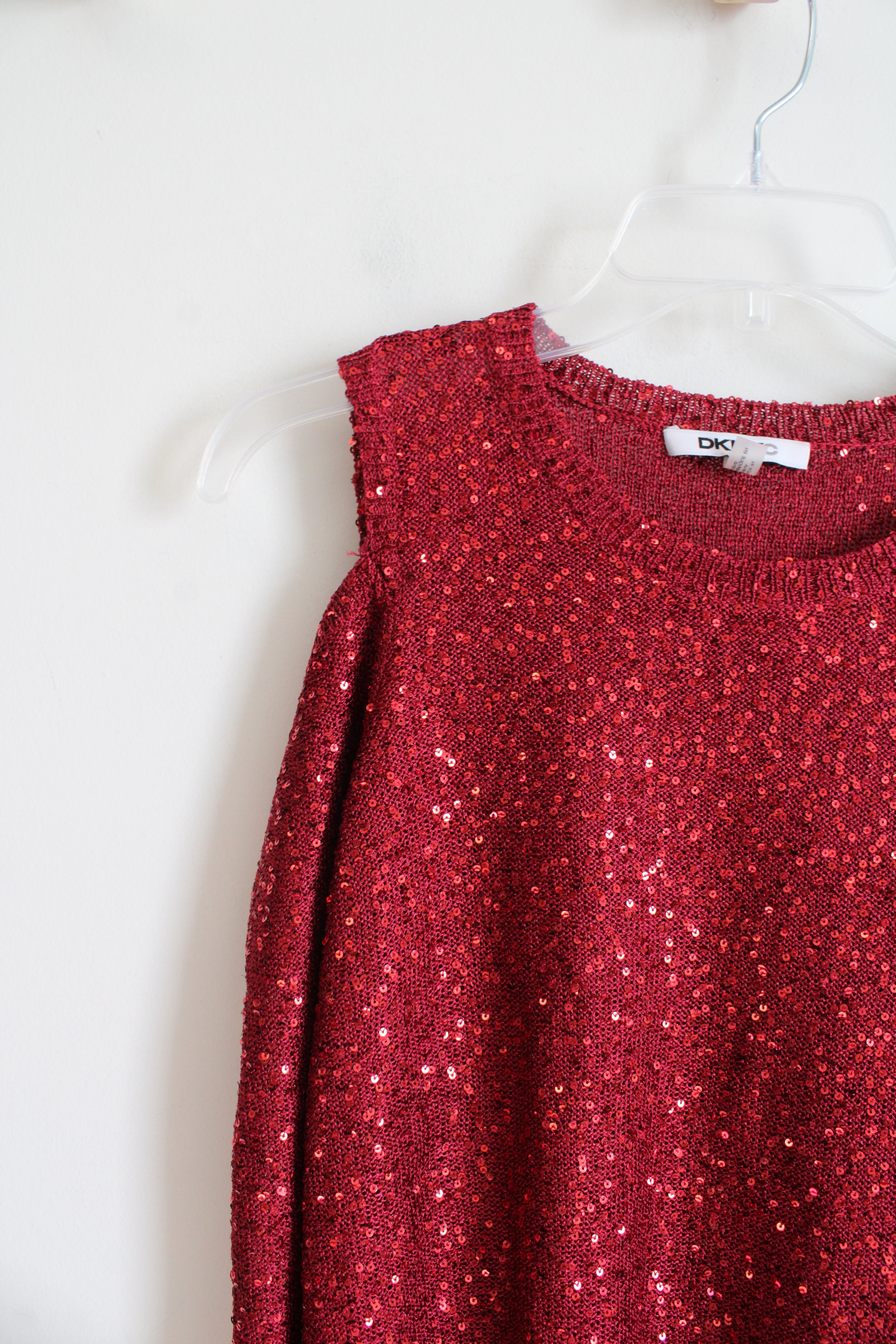 DKNYC Red Sequined Cold Shoulder Long Sleeved Top | M