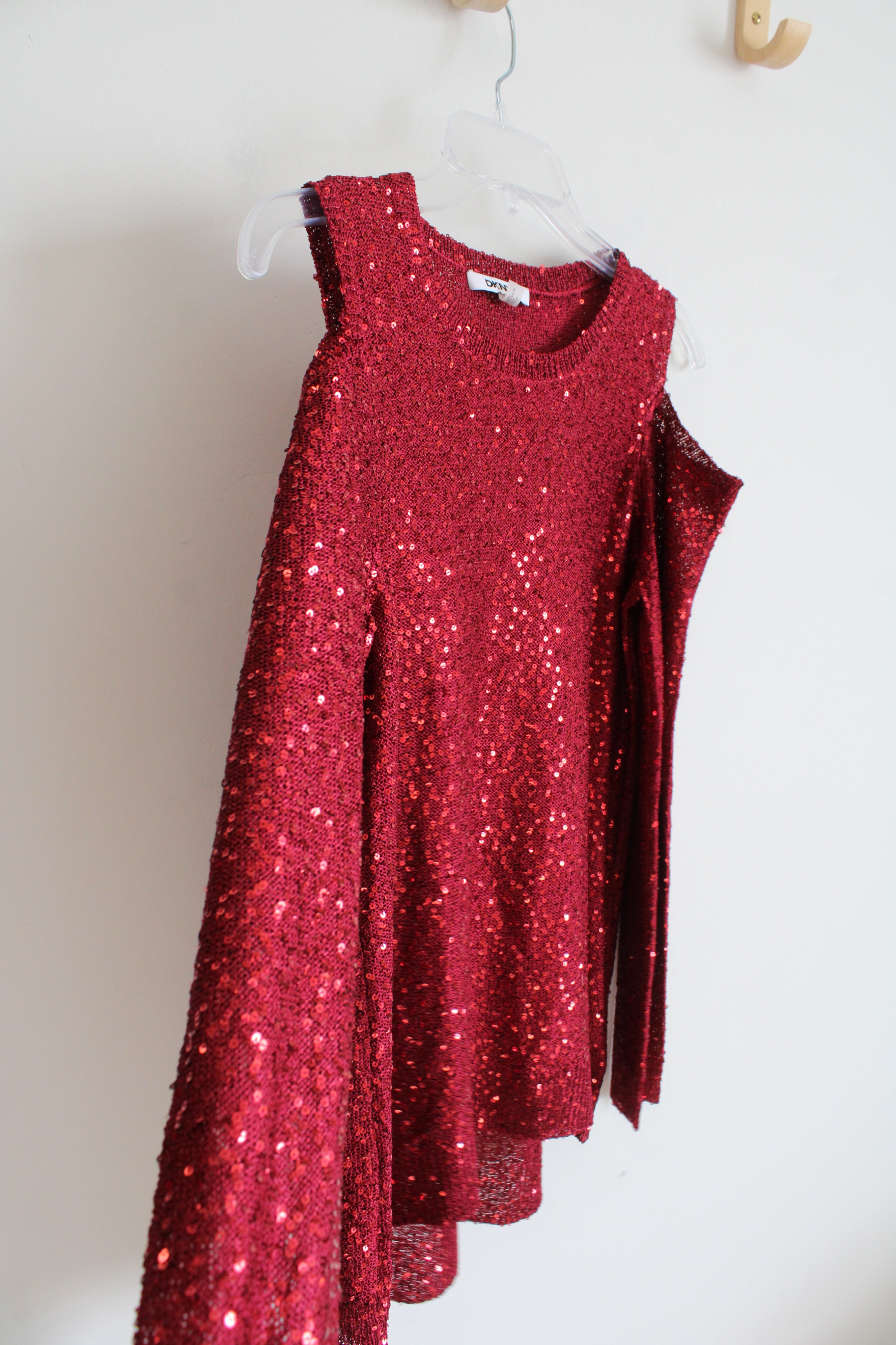 DKNYC Red Sequined Cold Shoulder Long Sleeved Top | M