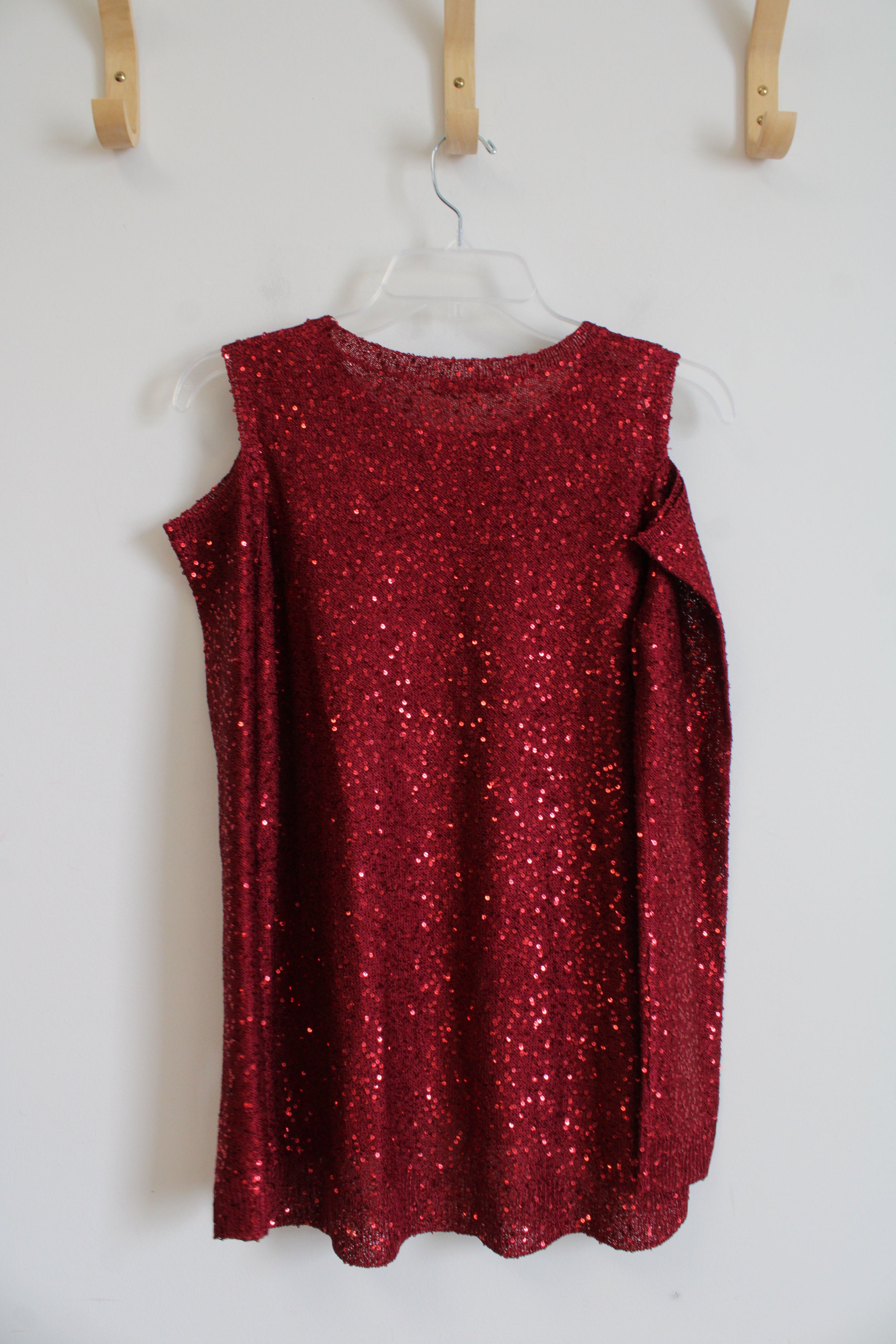 DKNYC Red Sequined Cold Shoulder Long Sleeved Top | M